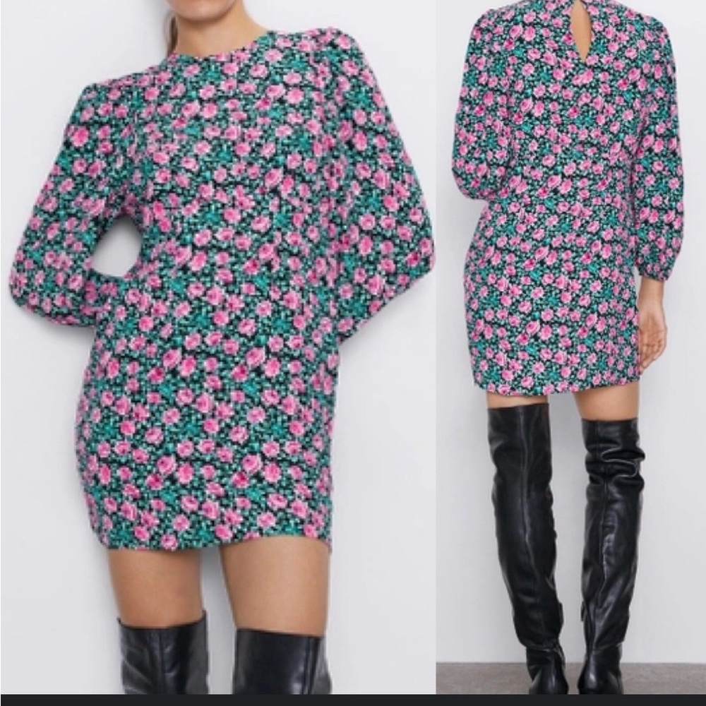 Zara Floral Puff Sleeve Multi-Color Medium Dress